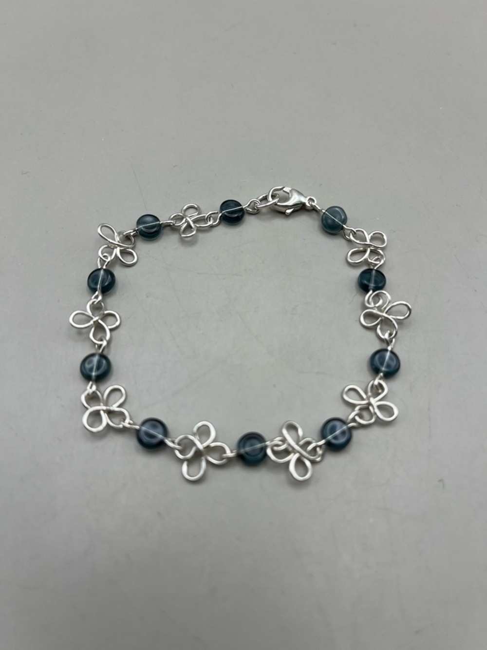 Handmade Sterling Silver Flower Link Bracelet 925 Blue Beaded Dainty Wire Wrappe